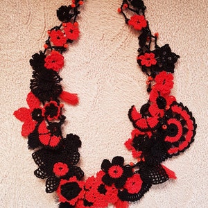 Crochet Flower Necklace, Red Black Jewelry, Long Boho Necklace, Gothic Jewellery, Lace Accessories, Hippie Gift for Women, Christmas Gift