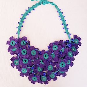 Floral Statement Necklace, Flower Bib Necklace, Purple Necklaces for Women, Girls, Oya Jewelry, Beaded Crochet Necklace, Knit Gifts for Her