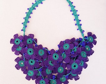 Floral Statement Necklace, Flower Bib Necklace, Purple Necklaces for Women, Girls, Oya Jewelry, Beaded Crochet Necklace, Knit Gifts for Her
