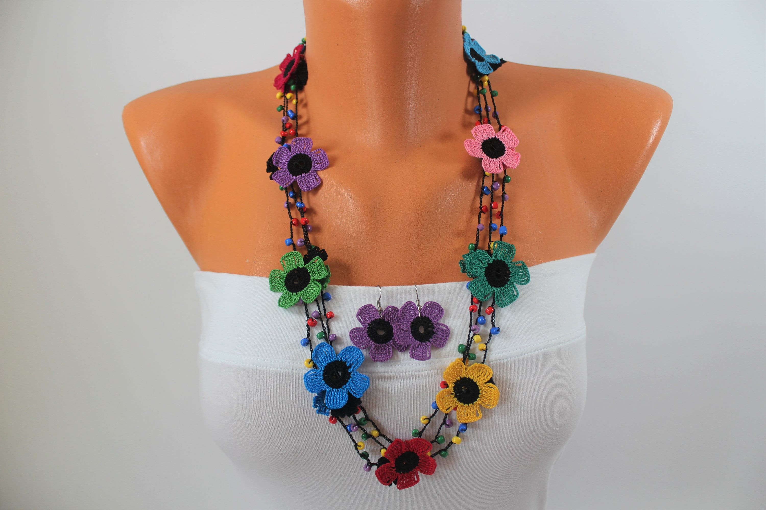 Colorful Flower Necklace, Rainbow Crochet Jewelry, Multicolor Lariat