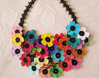 Multicolor Statement Necklace, Beaded Crochet Jewelry, Tropical Flower Necklace, Multistrand Chunky Accessory, Colorful Gifts, Marriage Gift