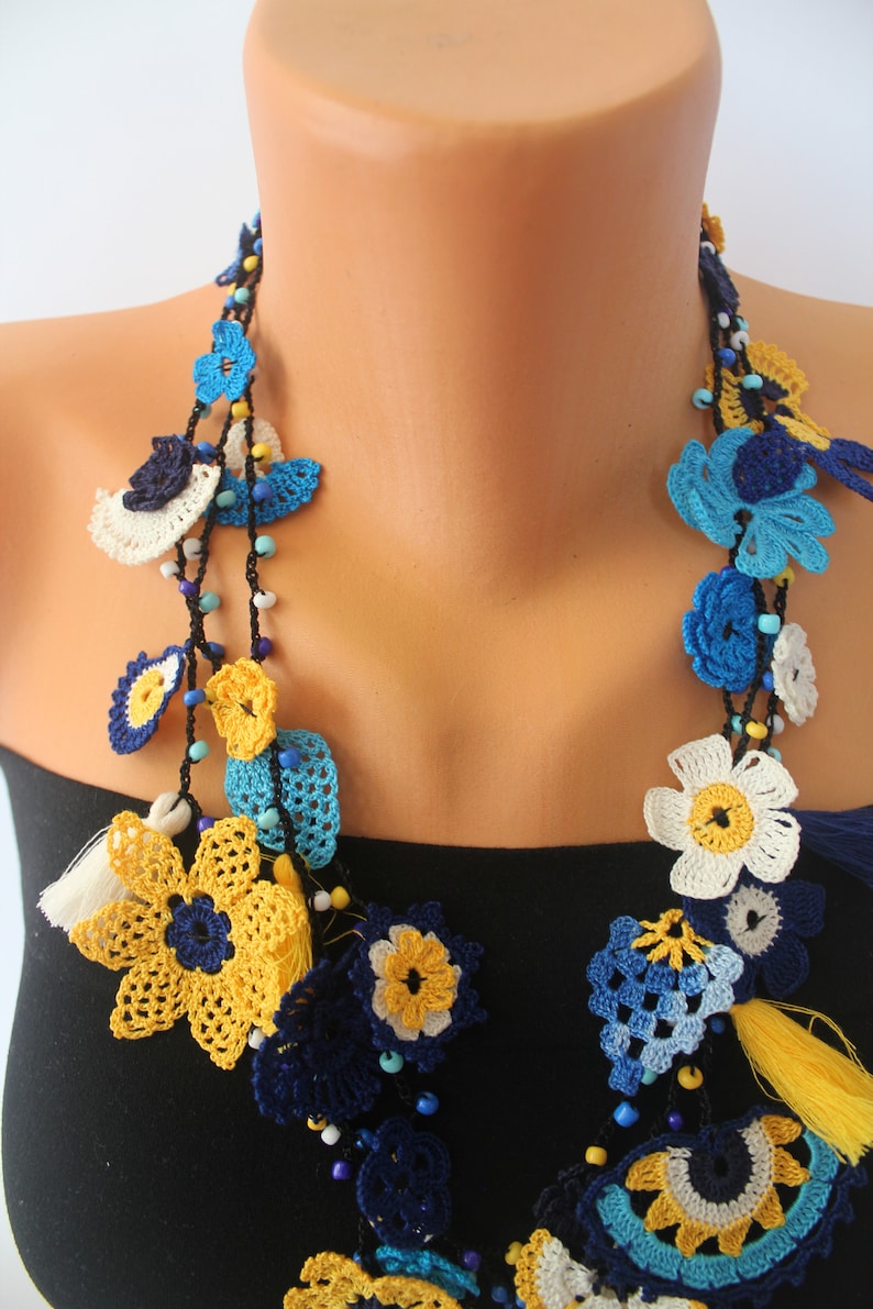 Long Chunky Necklace, Blue Crochet Jewelry, Flower Statement Necklace, Eco Friendly Accessories, Natural Gifts for Women, Mom Birthday Gift image 5