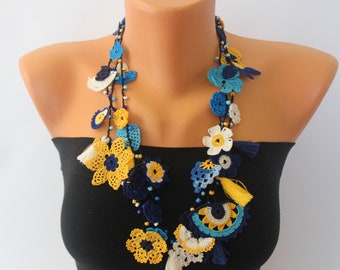 Long Chunky Necklace, Blue Crochet Jewelry, Flower Statement Necklace, Eco Friendly Accessories, Natural Gifts for Women, Mom Birthday Gift