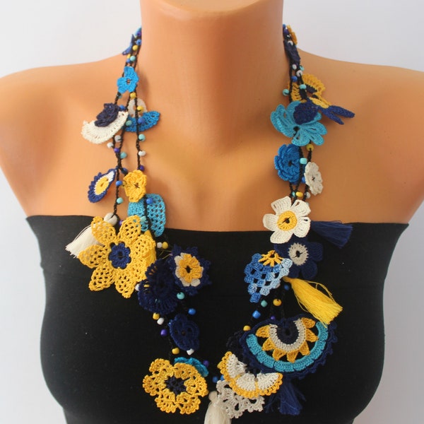 Long Chunky Necklace, Blue Crochet Jewelry, Flower Statement Necklace, Eco Friendly Accessories, Natural Gifts for Women, Mom Birthday Gift