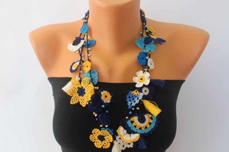 Long Chunky Necklace, Blue Crochet Jewelry, Flower Statement Necklace, Eco Friendly Accessories, Natural Gifts for Women, Mom Birthday Gift image 1