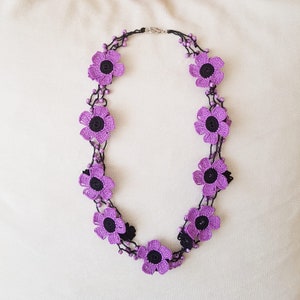 Beaded Crochet Necklace, Violet Flower Jewelry, Purple Neck Accessory, Lavender Lariat, Retro Gifts for Women, Anniversary Gift, Boho Jewel
