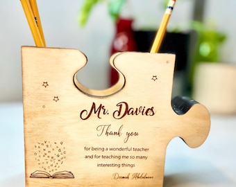 Potloodbeker. Gepersonaliseerde potloodhouder voor houten puzzelstukjes | Leraar cadeau