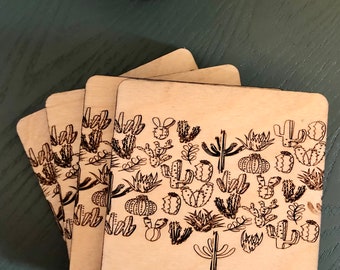 Wood coasters engraved cacti design