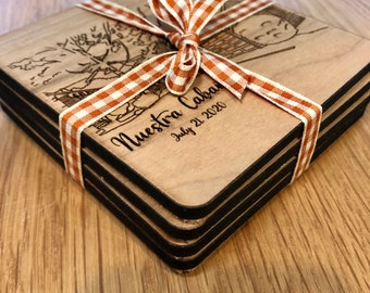 Coaster, engraved in wood, Personalized, Set of Four