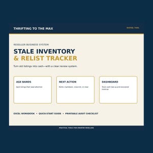 May include: A digital tool titled Thrifting to the Max Reseller Business System Stale Inventory & Relist Tracker. It features sections for Age Bands, Next Action, and Dashboard, plus an Excel workbook, quick-start guide, and audit checklist.