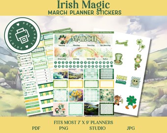 March Planner Stickers: St. Patrick's Day Theme (PDF, PNG, Studio, JPG)