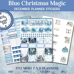 Pegatinas del planificador de DICIEMBRE / Temática navideña / Kit mensual imprimible / Se adapta a planificadores de 7&quot;x9&quot; / Conjunto navideño festivo en azul y blanco