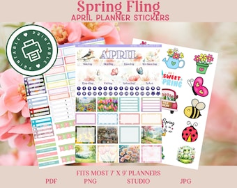 April Planner Stickers: Spring Floral Theme (PDF, PNG, Studio, JPG)