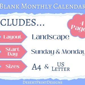 Blank Monthly Calendar Printable - Editable Instant Download | Landscape Monthly Calendar | A4 & Letter Size