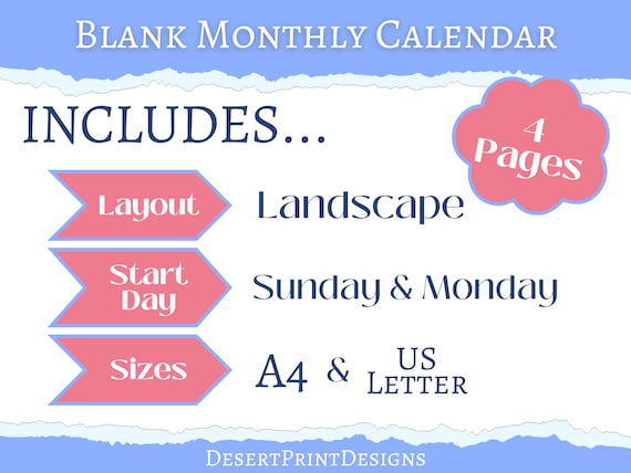 Blank Monthly Calendar Printable Editable Instant Download - Etsy