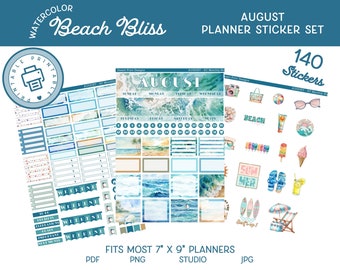 August Planner Stickers: Beach Theme (PDF, PNG, Studio, JPG)