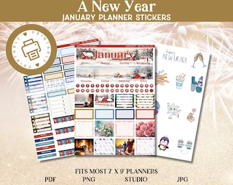 JANUARY Planner Stickers | Winter-Themed | Printable Monthly Kit for 7x9 Planners | Bonus Stickers Included
