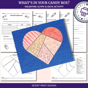 May include: A printable Valentine's Day activity for kids. The activity includes a heart-shaped glyph, a tally chart, and a data table. The heart is divided into four sections, each with a different pattern: stripes, circles, smiley faces, and hearts. The text "What's in your candy box? Valentine Glyph & Data Activity" is at the top of the page.