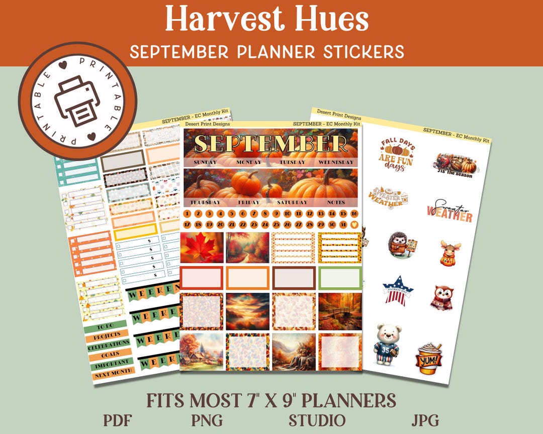 September Fall Sticker September Planner Stickers: Autumn Theme (PDF, PNG, Studio, JPG) - Etsy