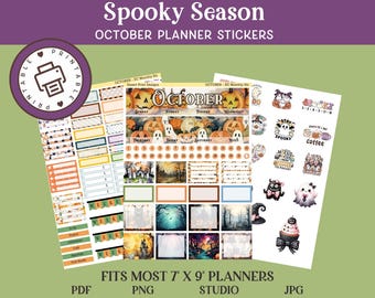 October Planner Stickers: Halloween Theme (PDF, PNG, Studio, JPG)