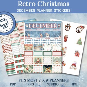 DICIEMBRE RETRO Pegatinas del Planificador de Navidad / Kit Mensual Imprimible / Se adapta a planificadores de 7&quot;x9&quot; / Conjunto de planificación navideña retro festivo y funky