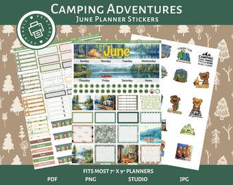 Pegatinas para agenda de junio: temática de camping y bosque (PDF, PNG, JPG)