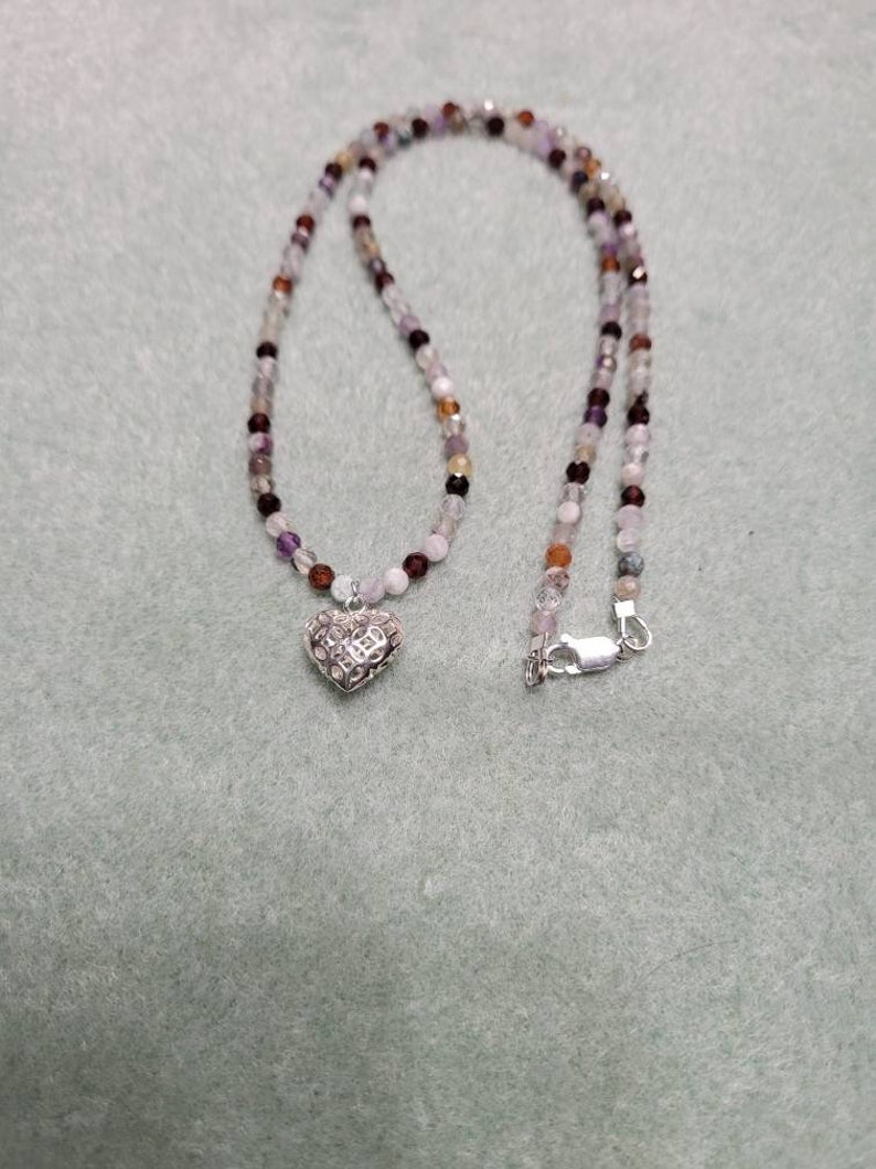 Multicolor gemstone necklace with sterling silver heart charm
