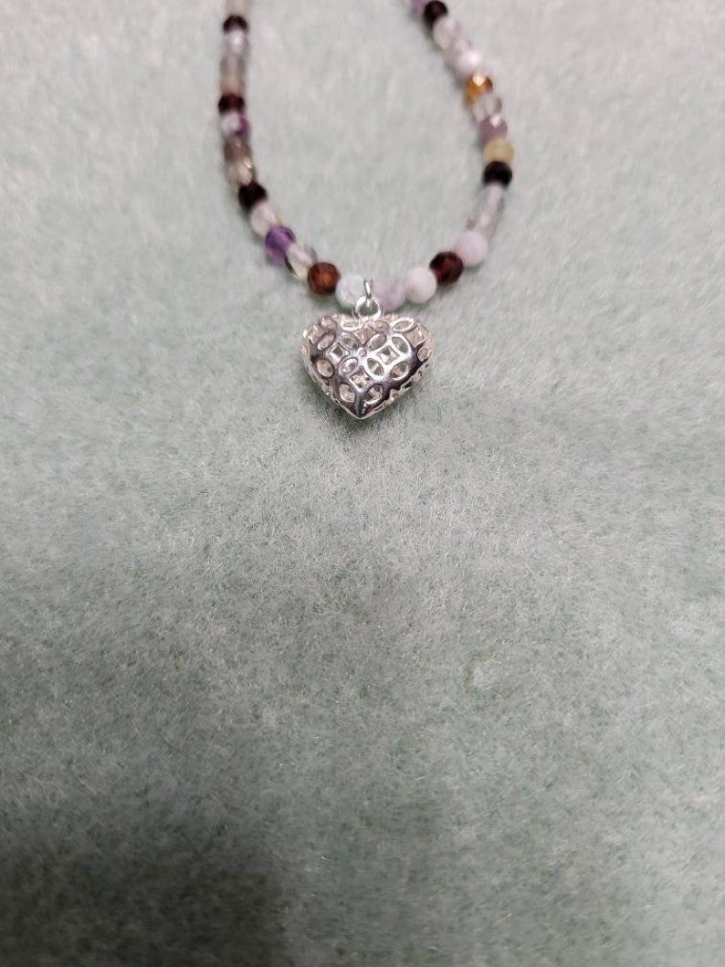 Multicolor gemstone necklace with sterling silver heart charm