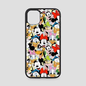 May include: A black phone case with a colorful pattern of Disney characters, including Mickey Mouse, Minnie Mouse, Donald Duck, Goofy, and Pluto.