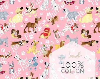 IN STOCK! Cotton Disney Dogs Pink Background Dogs Pluto Stitch Bolt Lady and Tramp Dalmatians Dug Fabric 1 YD 1/2 Yd Fat Quarter