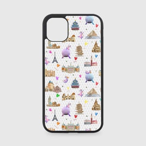 May include: A white phone case with a black border and a pattern of colourful landmarks and icons. The landmarks include the Eiffel Tower, Space Mountain, and Cinderella Castle. The icons include Mickey Mouse ears, a purple unicorn, and a pink heart.