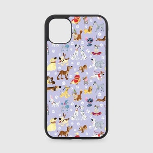 May include: A purple phone case with a pattern of cartoon dogs from the Disney movie 101 Dalmatians. The case has a black border and a cutout for the camera lens.