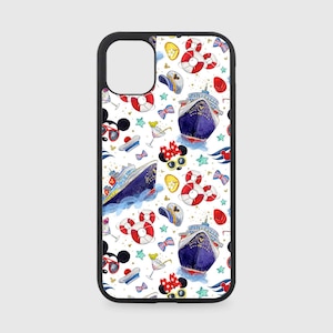 May include: A white phone case with a black border featuring a repeating pattern of a cruise ship, Mickey Mouse ears, life preservers, and nautical stars.