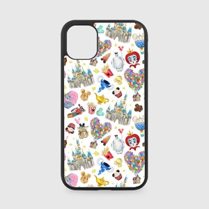 Op de afbeelding: Een witte telefoonhoes met een zwarte rand met een herhalend patroon van kleurrijke Disney-figuren en iconen, waaronder Mickey Mouse, het kasteel van Assepoester en een luchtballon.