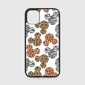 May include: A black phone case with a white background and a pattern of Mickey Mouse heads in different animal prints, including zebra, leopard, and giraffe.
