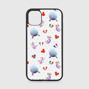May include: Black smartphone case with a white geometric design. The case has a repeating pattern of a purple dragon, a blue sphere, and Mickey Mouse-shaped icons with flags. The case is designed for a mobile phone.