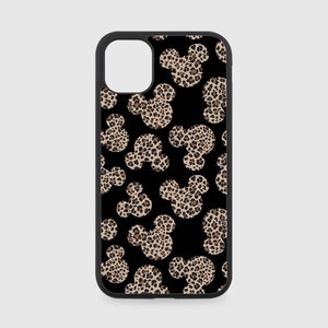 May include: Black phone case with a leopard print Mickey Mouse design.
