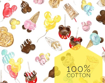 IN STOCK! Cotton Disney Watercolor Treats Cupcake Candy Apple Sundae Churro Macaroon Pretzel Fabric 1 YD 1/2 Yd Fat Quarter