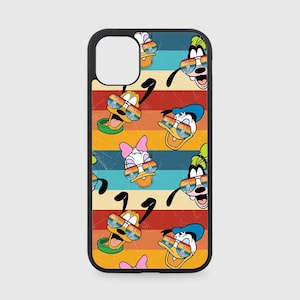 May include: A black phone case with a retro-style design featuring cartoon characters wearing sunglasses. The characters are Donald Duck, Goofy, and Pluto. The background is a colorful striped pattern.