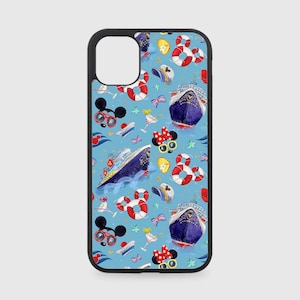 May include: A black phone case with a blue and white pattern featuring a cruise ship, Mickey Mouse ears, life preservers, and other nautical elements.