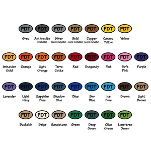 May include: A chart of 36 color swatches with the text "FDT" in white on each swatch. The swatches are arranged in rows of six. The colors include grey, anthracite, silver, gold, copper, canary yellow, yellow, imitation gold, orange, light orange, terra cotta, red, burgundy, pink, soft pink, purple, lavender, light navy, sapphire blue, shadow blue, blue, sky blue, ice blue, brown, light brown, buckskin, beige, sandstone, green, deep green, olive green, and lime-tree green.