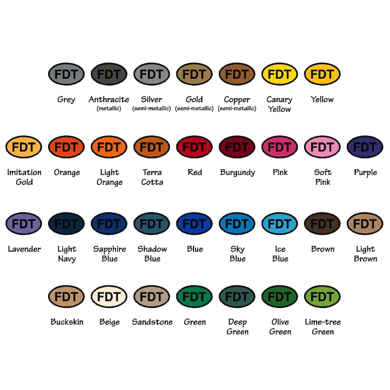 May include: A chart of 36 color swatches with the text "FDT" in white on each swatch. The swatches are arranged in rows of six. The colors include grey, anthracite, silver, gold, copper, canary yellow, yellow, imitation gold, orange, light orange, terra cotta, red, burgundy, pink, soft pink, purple, lavender, light navy, sapphire blue, shadow blue, blue, sky blue, ice blue, brown, light brown, buckskin, beige, sandstone, green, deep green, olive green, and lime-tree green.