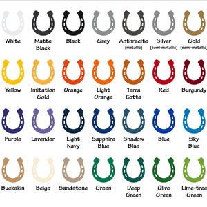 May include: A chart of 25 different horseshoe shapes in various colours, including matte white, black, grey, anthracite, silver, gold, copper, canary yellow, yellow, imitation gold, orange, light orange, terracotta, red, burgundy, pink, soft pink, purple, lavender, light navy, sapphire blue, shadow blue, blue, sky blue, brown, light brown, buckskin, beige, sandstone, green, deep green, olive green, and lime-tree green.