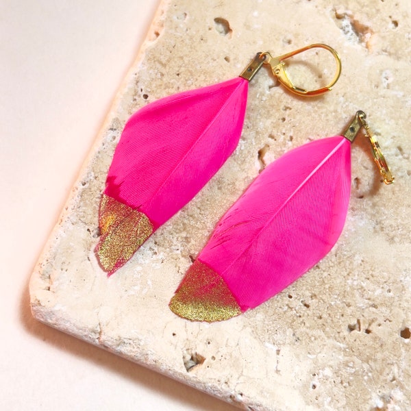 Boucles d'Oreilles Plumes Trempées Or Rose Fluo