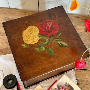 Vintage WRITING SLOPE, BOX, Roses, Handpainted, Stationery, Storage, Office, Wooden, Scratch Built (