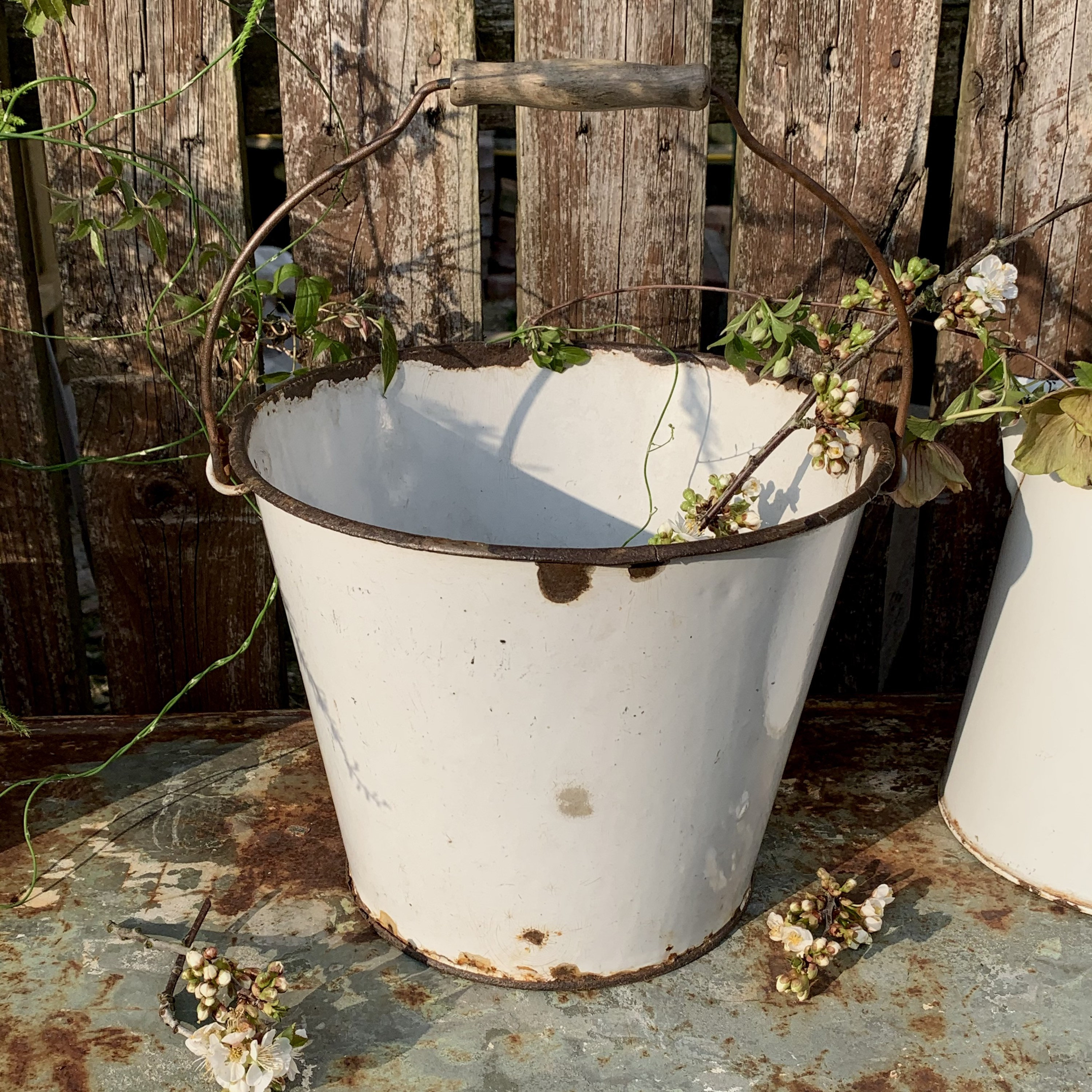 Vintage WHITE ENAMEL BUCKET Planter Patina Modern Rustic Etsy