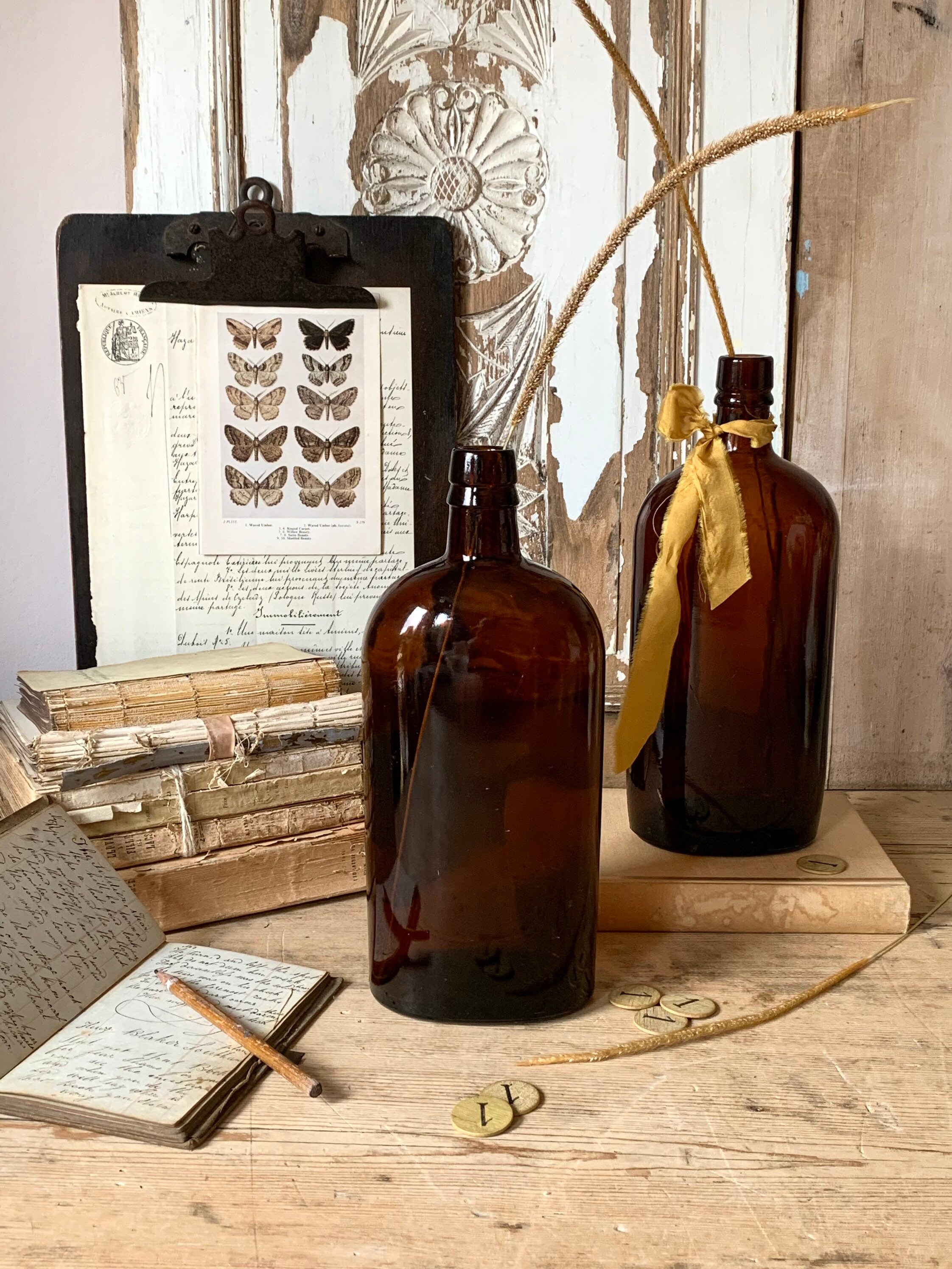 Antique Large AMBER GLASS BOTTLES Pair Vintage Stem Vase Etsy