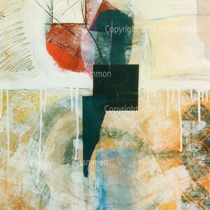 May include: Abstract painting with a mix of red, blue, green, and white paint. The painting has a layered, textured look with geometric shapes and lines.