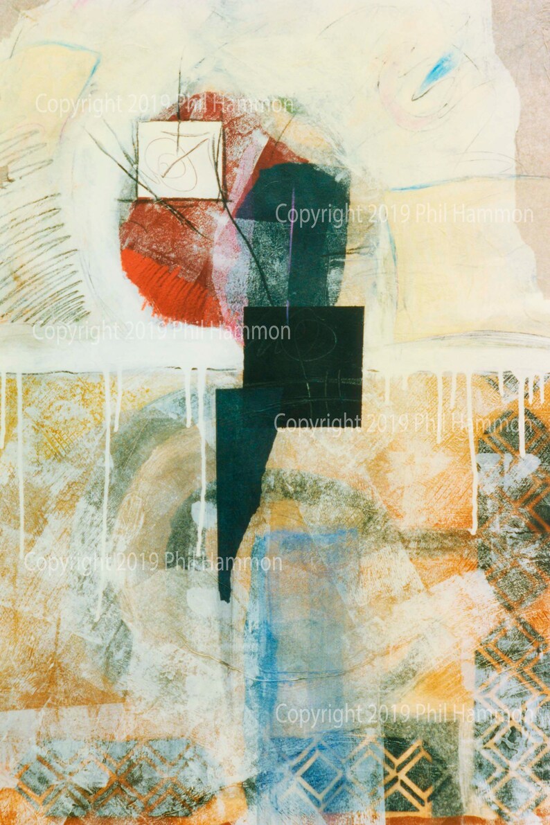 May include: Abstract painting featuring a blend of red, blue, green, and white paint. The artwork has a layered, textured appearance with geometric shapes and lines.