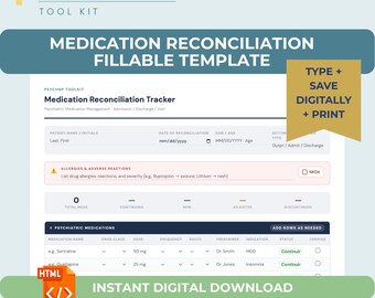 Medication Reconciliation Template Fillable PMHNP Medication List Tracker Clinical Tool Editable Med Review Form for Students Providers